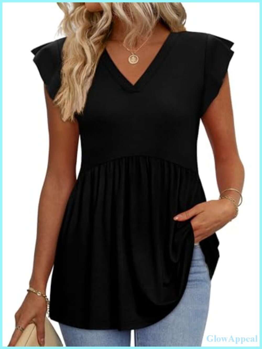 Womens Babydoll Tank Top Ruffle Sleeve V-Neck Flowy Summer Blouse